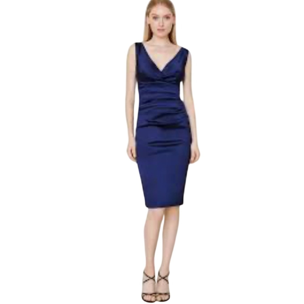 Talbot Runhof Satin Cocktail Dress Navy Blue Ruched Wrap V-Neck Formal Midi 40